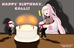 Hi Calli! Happy Birthday!<br class="newline" />Here’s a drawing I made for you.<br class="newline" />I first found out about you after seeing a clip of you and Kiara around four years ago. Since then, I’ve listened to your songs and watched some of your livestreams from time to time. Can’t always stay for them completely, but I enjoy them regardless.<br class="newline" />You’ve come a long way since your debut. I'm glad to watch your progress alongside my fellow Dead Beats.<br class="newline" />Anyway, I hope this birthday is a good one for you! Here’s to many more in the future!<br /><br />Sincerely,<br class="newline" />-ThunderShade777 <br class="newline" /><a class="read-time" target="_blank" rel="noopener noreferrer" href="https://www.youtube.com/watch?v=SaobHKDZ8KI&t=3h24m57s">Read Timestamp</a>