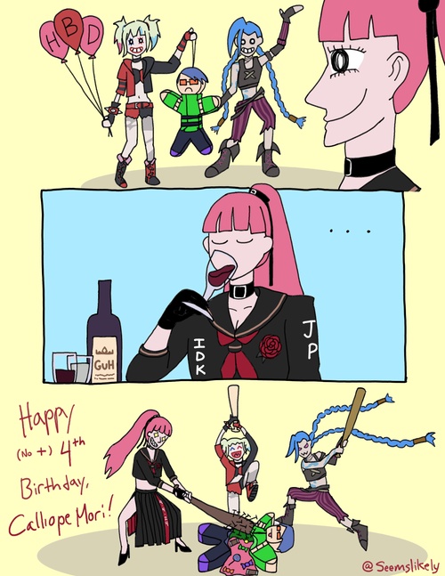 Happy birthday, Calli! With one Huge W after another, you’re already growing quite the tall 草 to reap this year of the shinigami! Your work ethic, passion, talent, and kindness motivate me every day to do my best for myself and my communities. I wish this year brings you more happiness, health, and heckin’ nice memories than you know how to handle! Your Dead Beat now and 4ever, Seemslikely<br class="newline" /><a class="read-time" target="_blank" rel="noopener noreferrer" href="https://www.youtube.com/watch?v=SaobHKDZ8KI&t=4h55m31s">Read Timestamp</a>