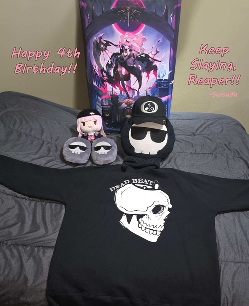 Happy Birthday Calli! How does it feel to have another year of great accomplishments under your scythe? This Dead Beat has witnessed your early days of streaming scuff to you now being the fine vocalist behind an anime ED theme, and it has been an amazing ride! Keep achieving those huge W’s and making your dreams come true! Thank you for being an awesome reaper who’s shown so much love for your dead beat community and beyond. Be proud of your dedication to make us smile, laugh, and chill with your streams and music, because that positivity makes every day better than they might already be. Enjoy all the fun and excitement on your special 4th Birthday celebration!<br class='newline' />Here's a photo of Death Sensei lounging around with the Dead Beat turtleneck sweater and Lil’ Swag Lord sporting some soft kicks~!<br class="newline" /><a class="read-time" target="_blank" rel="noopener noreferrer" href="https://www.youtube.com/watch?v=SaobHKDZ8KI&t=33h24m8s">Read Timestamp</a>
